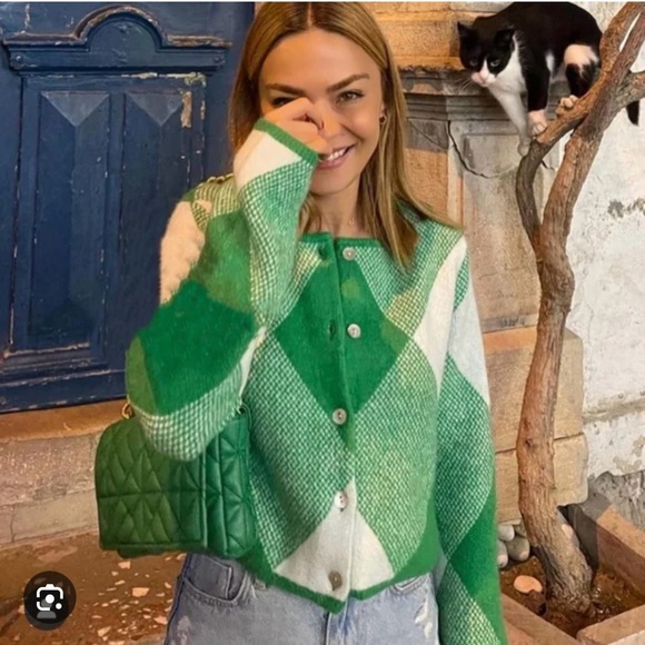 Zara Green and Cream Women's Cardigan - Picture 3 of 8